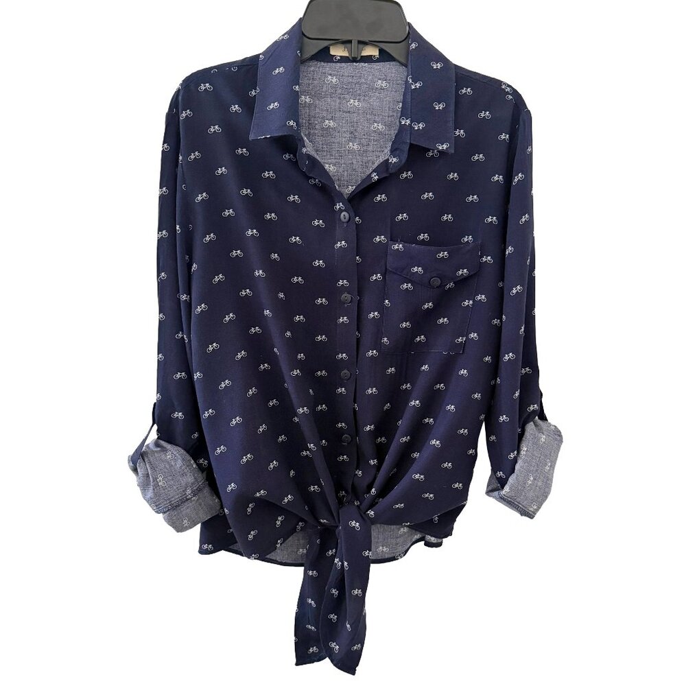 Love Notes Navy Blue Bicycle Print Button-Down Shirt | Tie‎ Front Blouse